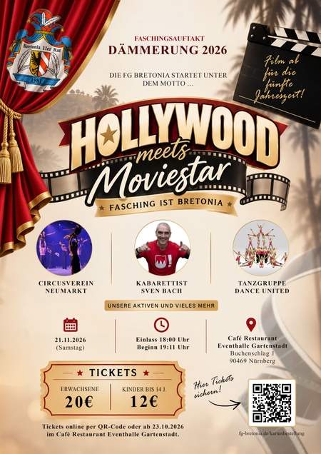 Flyer zum Faschingsauftakt Dämmerung 2026 unter dem Motto Hollywood meets Moviestar am 21.11.2026